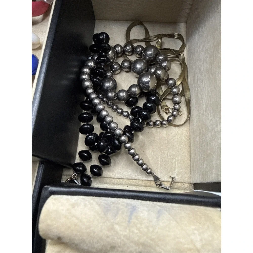 Vintage Jewelry Box Lot: Box, Necklaces, Bracelets, Rings, Earrings